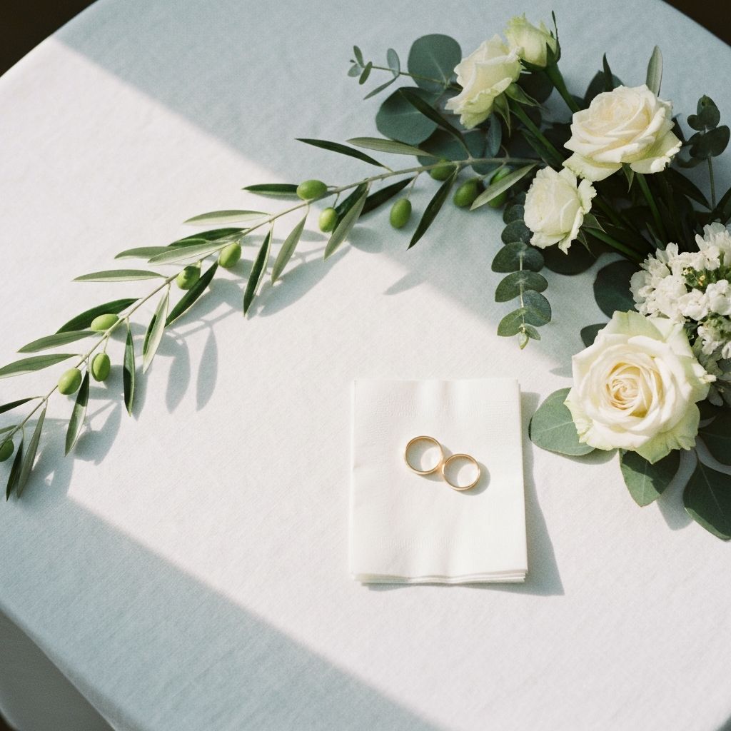 Arranjo floral editorial com flores brancas e ramos de oliveira